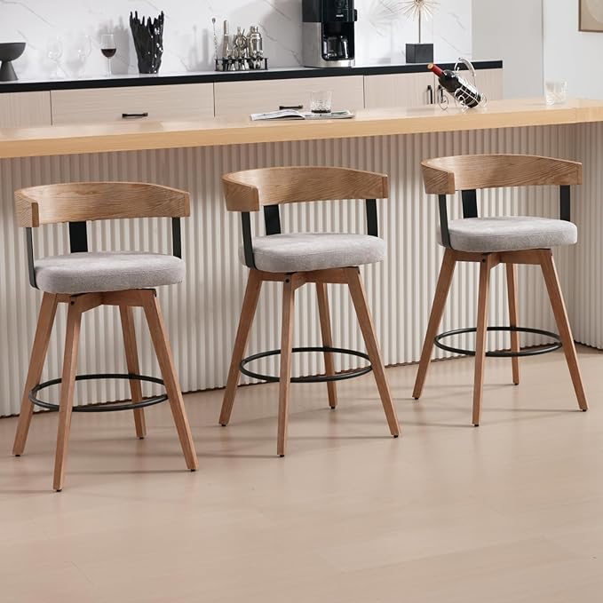 DUOMAY Swivel Bar Stools Set of 1, 26" Counter Height Bar Stool with Footrest Modern Wood Barstool with Linen Upholstered Seat Counter Stools for Kitchen Island Home Bar, Grey