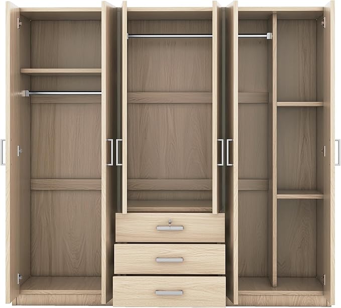 6 Door Armoire Wardrobe Closet with Big 3 Drawers, Wooden Freestanding Bathroom Armoire Cabinet with Shelves and Hanging Rod, Clothes Storage Organizer for Bedroom, Guest Room (Brown)