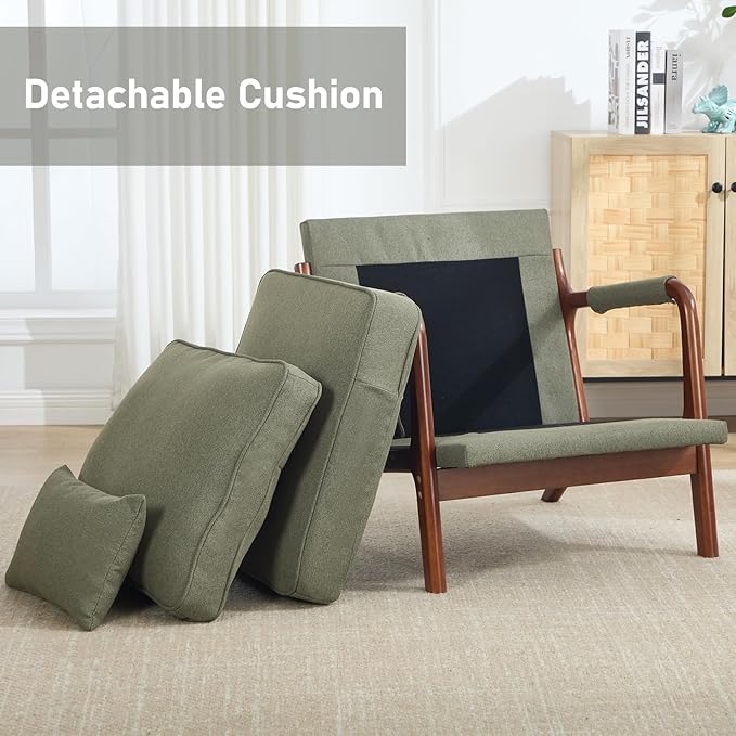 ANJ Mid Century Modern Accent Chair, Lounge Reading Armchair with Extra Side Pocket & Detachable Cushion, Comfy Fabric Accent Chairs for Living Room, Bedroom,Green