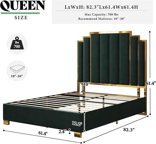 AMERLIFE Queen Size Upholstered Bed, Modern Velvet Bed Frame with 61.4” Tall Gold Trim Headboard, No Box Spring Needed, Green