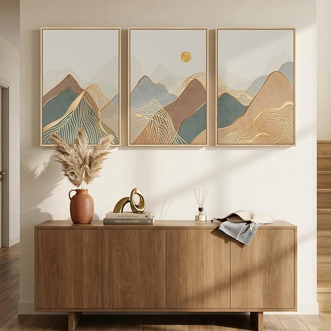 Framed Boho Abstract Mountain Wall Art for Living Room, 3 Piece Modern Nature Landscape Canvas Artwork for Bedroom Walls, Sunset Minimalist Scenic Prints Wall Decor for Hallway Home Office, 16x24 Inch