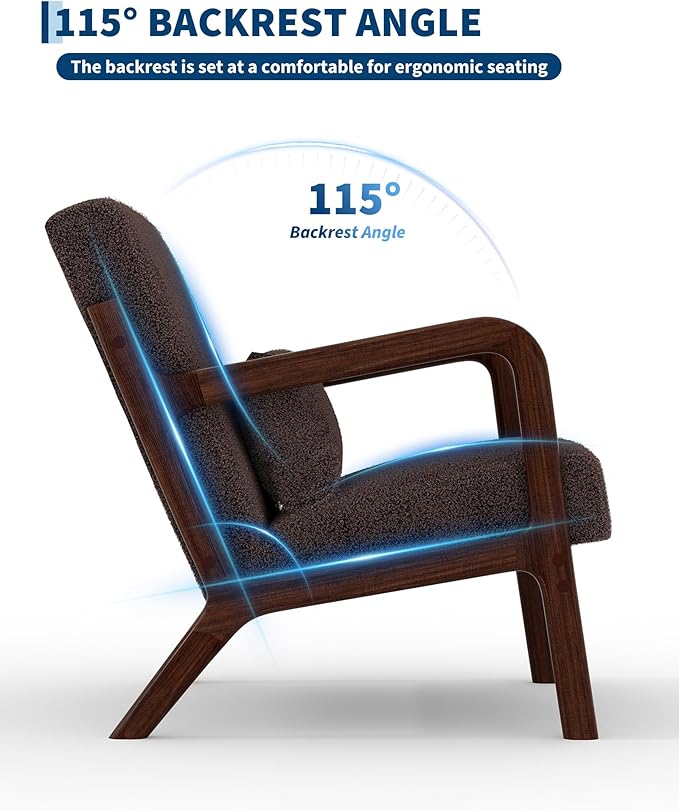 Garvee Mid-Century Modern Accent Chair, Sherpa Upholstery, Solid Wood Armchair with Removable Lumbar Pillow, Sturdy Reading Chair for Living Room, Bedroom, Guest Room, Easy Assembly, Brown