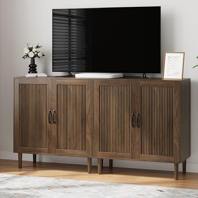 Kiasthome Buffet Cabinet with Wavy Fluted Doors, Sideboard Storage Cabinet with Adjustable Shelves, Modern Wooden Accent Cabinet for Dining Room & Living Space