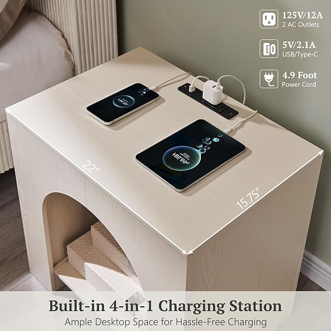 Arched End Table Set of 2 with Type-C Charging Station, 22" Modern Bedroom NightStand with Arched Shelf, Side Table with Outlet, USB, Type-C Port for Bedroom, Cream