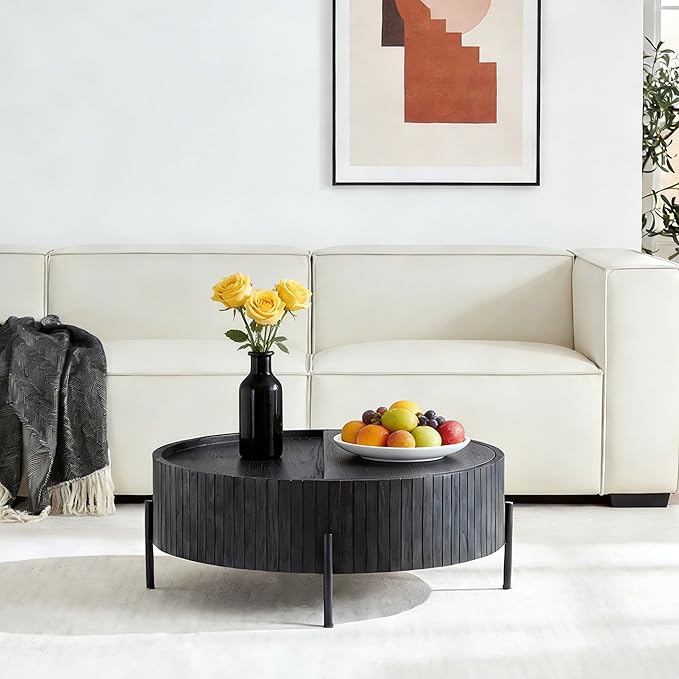 Modern 31.5” Round Coffee Table, Small Center Table with Large Built in Storage, MDF Wood Side Table, Dinning Table for Living Room, Apartment, Small Space.(Black)