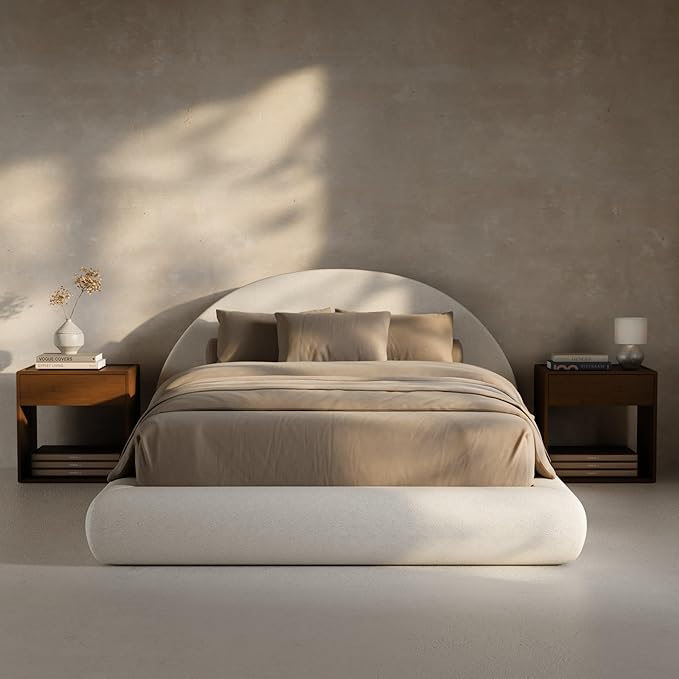 RECCI AirFrame Half-Moon Upholstered Full Platform Bed Frame, Velvet Curved Arched Base with Headboard, 5 Inch Fully Round Cushioned Foam, No Box Spring Needed, Easy Assembly | Round Shaped, Boucle, Low-profile, Soft