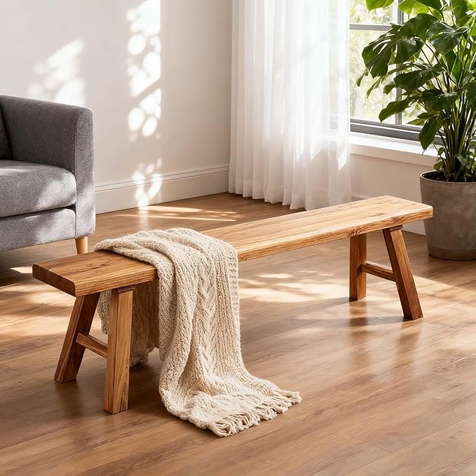 Narrow Entryway Bench Farmhouse Wood End of Bed Bench 20" 32" 39" 47" 55" 63" 71" 79" Sturdy Stable Skinny Long Benchs for Bedroom Hallway Dining Room Porch Easy to Assemble Natural Finish(71")