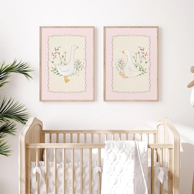 Vintage Nursery Wall Art Silly Goose Canvas Poster Pink Coquette Wall Decor Girls Room Pictures Baby Kids Poster Cute Animal Prints Floral Painting Artwork for Gallery Bedroom 12x16 Inch Unframed