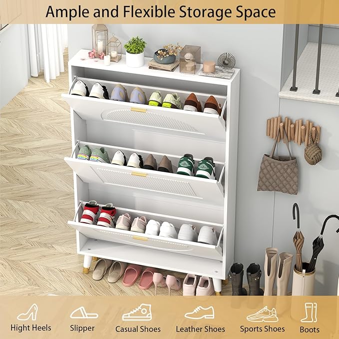 White Shoe Storage Cabinet: 32" Ultra Thin Small Shoe Cabinet for Entryway, Modern Slim and Narrow Hidden Shoes Rack Organizer with Doors and 3 Flip Drawer (1 Piece, 32")