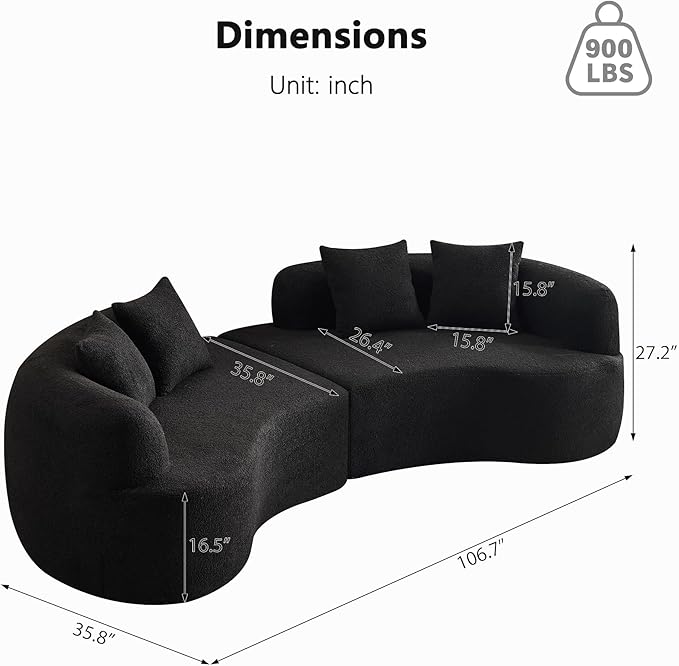 106.7" Modern Curved Oversized Sectional Sofa, Minimalist Modular Cloud Couch with 4 Throw Pillows, Luxury 4-Seater Extra Deep & Wide Seat Sofa in Soft Teddy Fabric, Pure Black