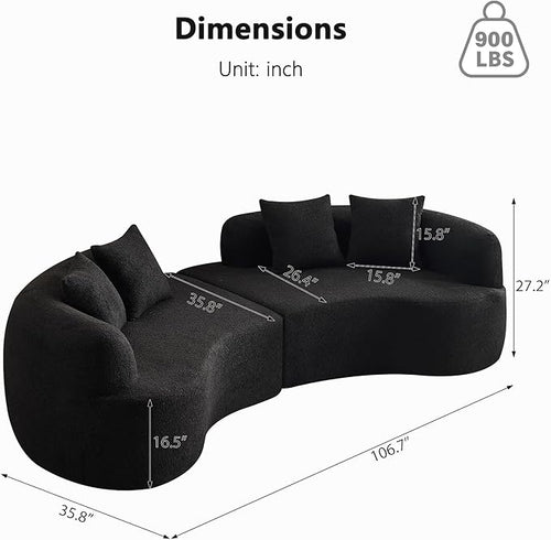 106.7" Modern Curved Oversized Sectional Sofa, Minimalist Modular Cloud Couch with 4 Throw Pillows, Luxury 4-Seater Extra Deep & Wide Seat Sofa in Soft Teddy Fabric, Pure Black