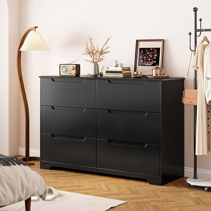 Gizoon 6 Drawer Double Dresser for Bedroom with Anti-Tip Design, Modern Wide Wooden Chest of Drawers with Cut-Out Handles, Closet Storage Organizer and TV Stand for Living Room, Hallway, Entryway
