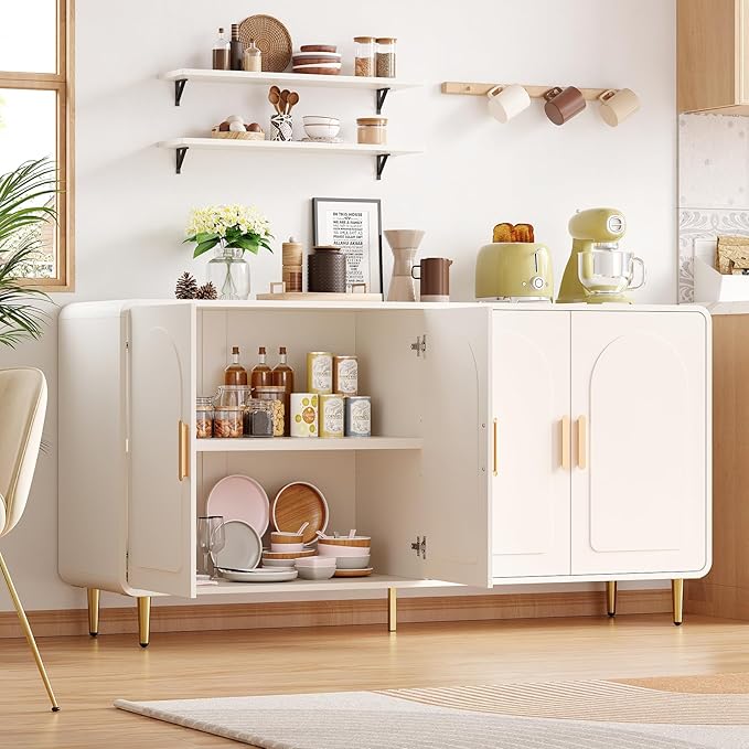 ONBRILL 60" Sideboard Buffet Cabinet, Large Credenza Storage Cabinet, Modern Console Table with Doors and Shelves, White Coffee Bar for Living Dining Room Kitchen Hallway