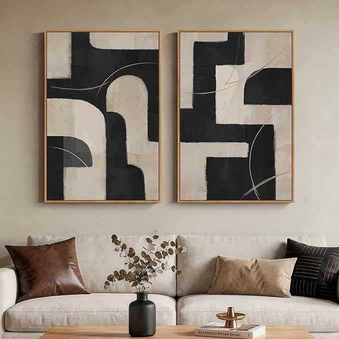 Large Framed Modern Neutral Abstract Wall Art, Set of 2 Minimalist Black and Beige Canvas Prints Paintings Artwork for Walls, Geometric Pictures for Living Room Hallway Bedroom Wall Decor 24x36 In