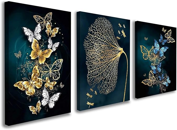 Modern Abstract Gold and Blue Butterfly Leaf Wall Art, 3 Piece Framed Canvas Set for Living Room Bedroom Office Wall Decor, 12x16 Inch, with Hooks and Nails