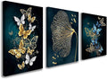 Modern Abstract Gold and Blue Butterfly Leaf Wall Art, 3 Piece Framed Canvas Set for Living Room Bedroom Office Wall Decor, 12x16 Inch, with Hooks and Nails