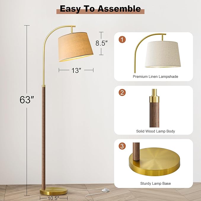 G-SAFAVA 63" Wood Floor Lamps for Living Room with Foot Switch Arc Tall Standing Lamp for Bedroom Mid Century Modern Corner Gold Floor Lamps for Office Nursery Industrial Reading Lamp, Chestnut