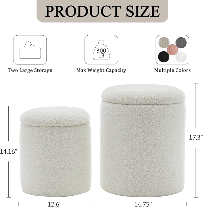 YSICK Round Ottoman with Storage, Set of 2, Small Vanity Stool as Vanity Chair, Sherpa Ottoman Foot Rest for Small Space, Living Room, Bedroom, White