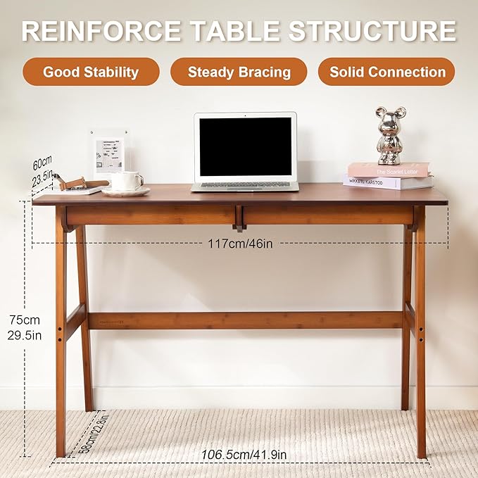 Nnewvante Desk, Bamboo Table with 2 Drawers, Simple Modern Furniture for Home, Office, Computer, Writing, Study, Makeup & Workstation (46''-Brown)