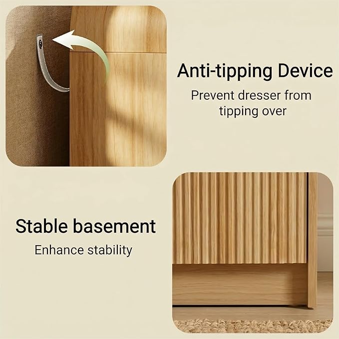 FURSUN Fluted 6 Drawers Dresser for Bedroom, 54" Wide Wooden Dresser with Metal Handle, Curved Profile Design, Modern Storage Organizer for Bedroom, Living Room, Hallway, Natural Oak