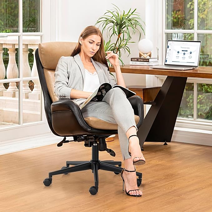 Glitzhome High Back Office Chair,Modern Ergonomic Swivel Office Chair,Adjustable Home Office Desk Chair with Lumbar Support,Black & Camel