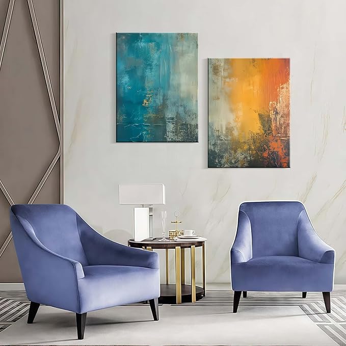 2 Framed Canvas Abstract Art Blue Orange Wall Decor Paintings for Home Bedroom Office Kitchen Wall Decor Modern Abstract Wall Art Paintings Prints 12x16 Inch
