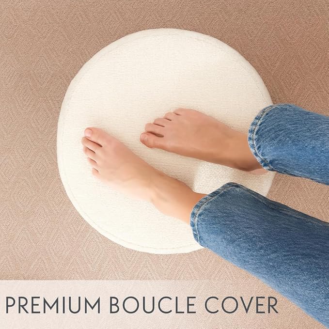 White Round Ottoman Foot Rest Stool – Clean Boucle Fabric Footstool with Soft Foam Filling, Lightweight Modern Pouf for Minimalist Living Room, Bedroom, Office – Pure White