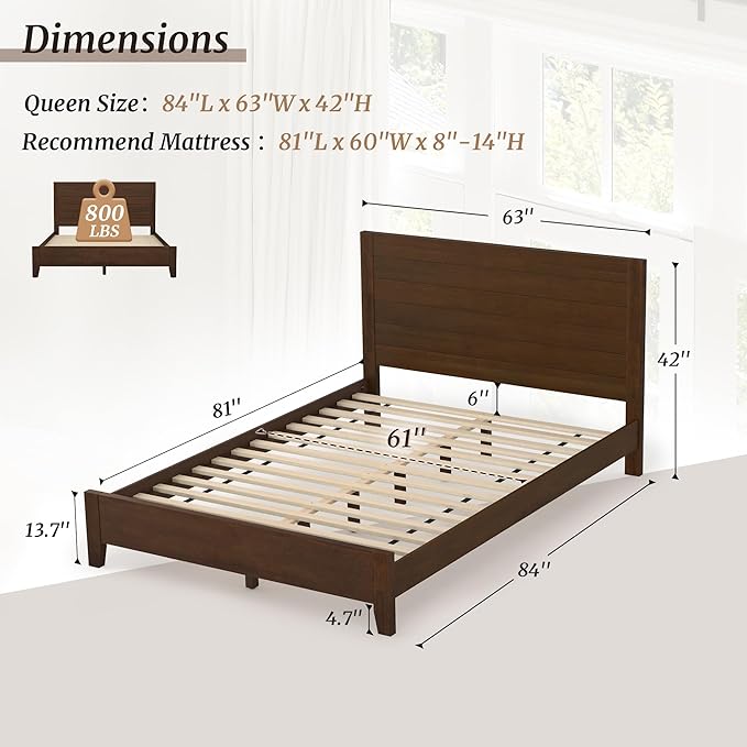 Cozyman Queen Bed Frame with Headboard, 100% Solid Acacia Wood Platform, 800lb Heavy Duty Support with 10 Reinforced Legs, Noise-Free No Box Spring Needed, Low-Profile Design, Walnut