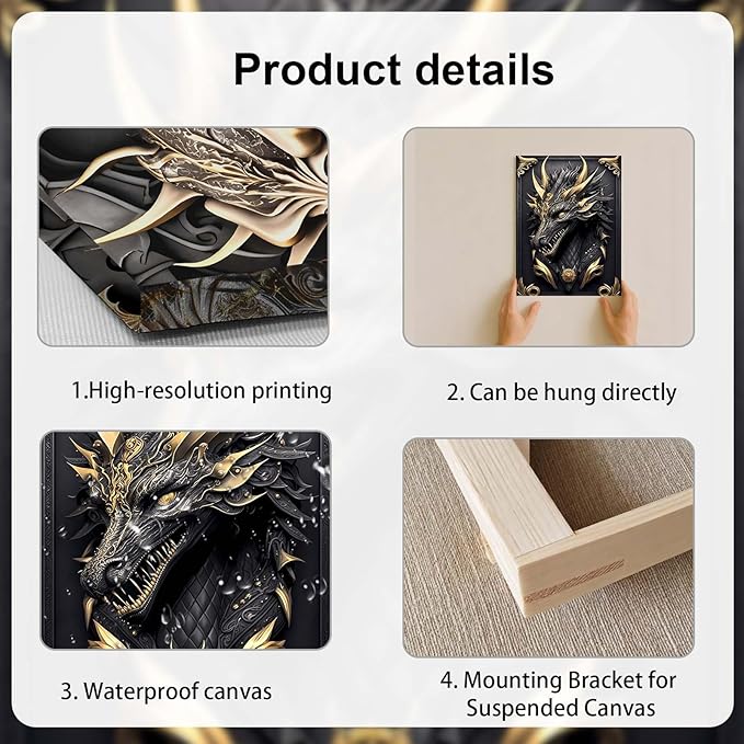 3 Piece Wall Art Framed Canvas Wall Art Modern Abstract Dragon Pictures with Black and Gold Design, Home Decor for Living Room, Bedroom, Office, Gaming Room – Room Decoration with Hooks and Nails, 12x16 Inch