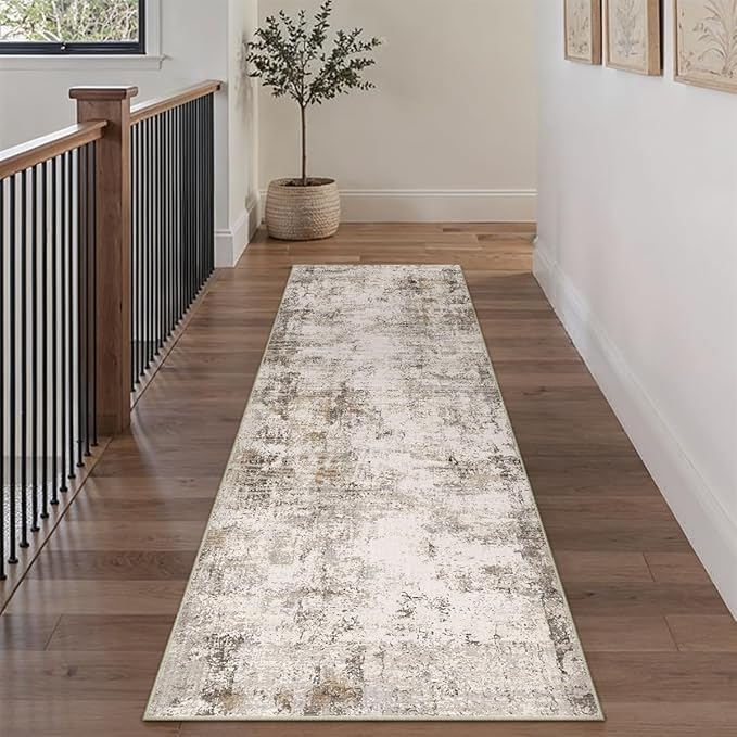 2x8 Washable Runner Rug Brown Grey Abstract Non Slip Soft Low Pile Hallway Kitchen Rug Neutral Modern Carpet for Laundry Bathroom Bedroom Living Room Home Decor