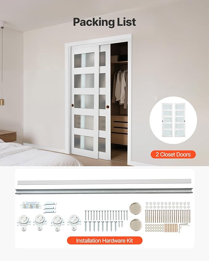 VEVOR Sliding Closet Door, 48" (Double 25") x 80", 5-Lite Frosted Glass with Hardware Kit & Floor Guide, Solid Wood & MDF Slab with Waterproof PVC Surface, Pre-Drilled Doors Panel, Need to Assemble