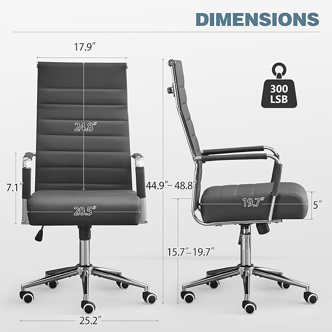 Office Desk Chair, Leather Conference Room Chairs with Wheels and Arms, Modern Ergonomic High Back Executive Ribbed Height Adjustable Swivel Chair for Home Office (Grey)