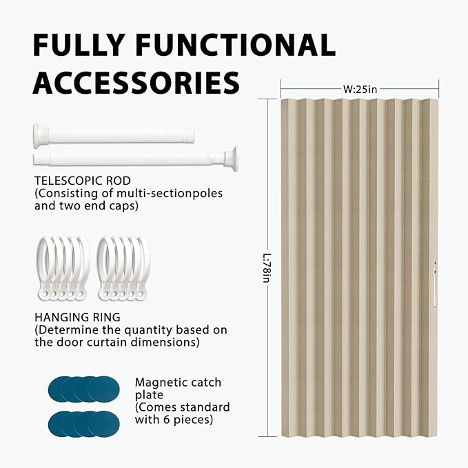 Jilron Accordion Door Curtain Set - 100% Blackout, with Curtain Rod Included, for Bedroom Privacy Protection (Beige-43 W x 78" L+Rod)