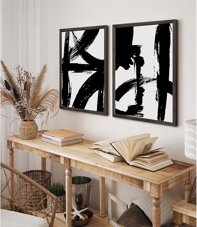 Black and White Wall Art Abstract Modern Painting Minimalist Line Canvas Wall Art Decor Black And White Poster Abstract Artwork Prints for Living Room Bedroom 16x24 Inch Framed Set of 2