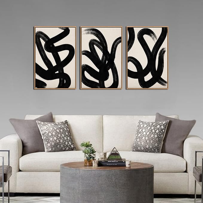 arteWOODS Framed Wall Art Canvas Abstract Lines Pictures Modern Mid Century Boho Wall Decor Minimalist Abstract Black Stroke Lines Painting Artwork Living Room Bedroom Home Office Natural 16"x24"x3pc