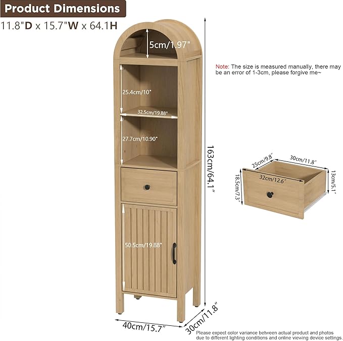 Lxsxlome 64" Tall Bathroom Storage Cabinet with Adjustable Shelves,Tall Narrow Arched Freestanding Tower Cabinet with Fluted Doors and Drawers,Space Saving Organizer for Bathroom Living Room (Oak)