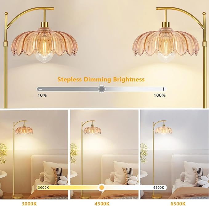 QIYIZM Glass Floor Lamp for Living Room,Bedroom,Gold Dimmable Standing Lamp with Remote,Mid Century Modern Brass Tall Lamp Boho Floor Lamps Arc Stained Flower Floor Light Lamp Bohemian
