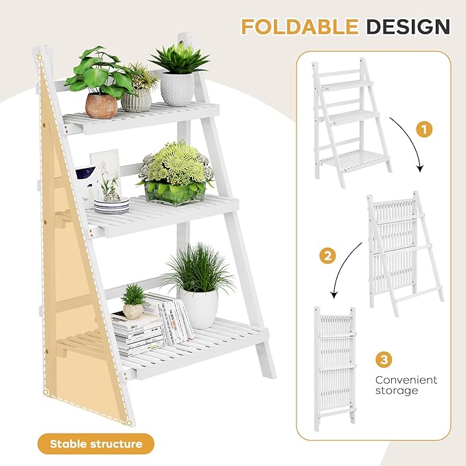 oakvivo Bamboo Bookshelf 3-Tier Ladder Shelf, 39.4” Freestanding Open Bookcase Book Shelf Bathroom Storage Shelf Unit Plant Stand for Small Space, Living Room, Bedroom, Home Office, White