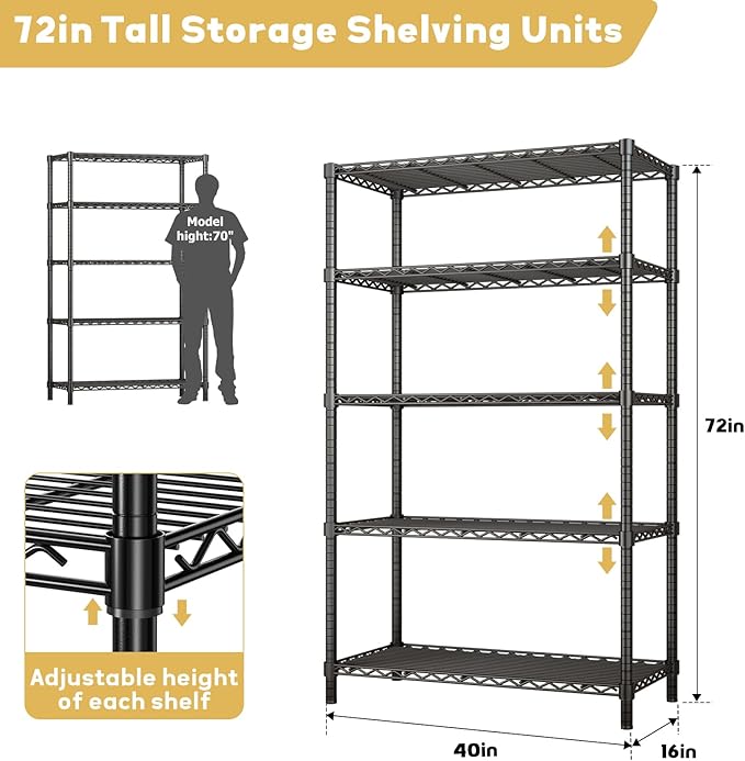 ROOMTEC 5-Tier Heavy Duty Wire Shelving Unit, 40" W x 16" D x 72" H Garage Shelving, 2000 lbs Total Capacity Adjustable Storage Rack, Metal Shelf for Kitchen, Pantry, Laundry Room, Basement