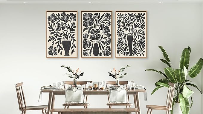 arteWOODS Botanical Framed Wall Art - Neutral Abstract Pictures Vintage Boho Floral Wall Decor Black Beige Minimalist Prints Aesthetic Vase Flowers Painting Artwork 16" x 24" Set of 3 Natural Framed