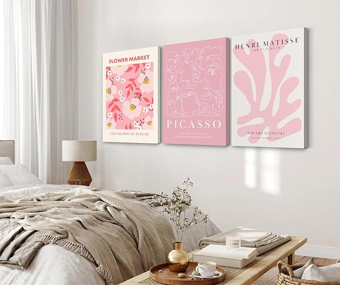 Matisse Abstract Wall Art Decor Pink Flower Canvas Pictures Picasso Aesthetic Wall Art Henri Matisse Prints Poster Abstract Flower Painting Market Artwork for Bedroom 16x24 Inch Framed Set of 3