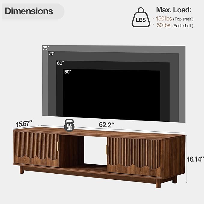 FurSch 62.2” Fluted TV Stand Low Profile, Mid Century Modern TV Stand with Storage for Bedroom Living Room, Curved Media Console for 50 55 60 65 70 Inch TVs (Walnut)