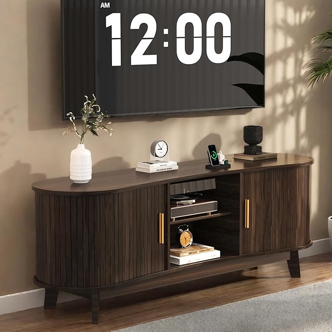 Mid Century Modern TV Stand, Fluted TV Stands with Open Shelves and Sliding Door for 65 Inch TVs, Media Cabinet with Power Outlet, Entertainment Center with Storage for Living Room, Walnut
