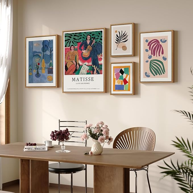 Large Framed Matisse Abstract Wall Art, 5 Piece Modern Geometric Canvas Prints Set, Contemporary Paintings Wall Decor for Living Room, Bedroom, Hallway, Home Office
