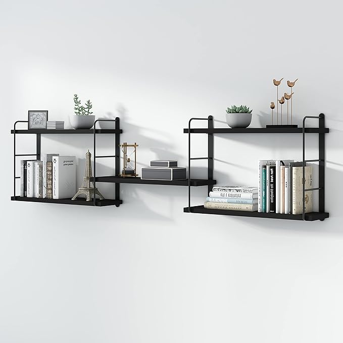 MXCSE Wall Shelves, Wall Mounted Bookshelves, DIY Floating Shelves for Wall, Wood Hanging Book Shelves for Room, Bedroom, Living Room, Easy Installation (Black, 50W x 17H)