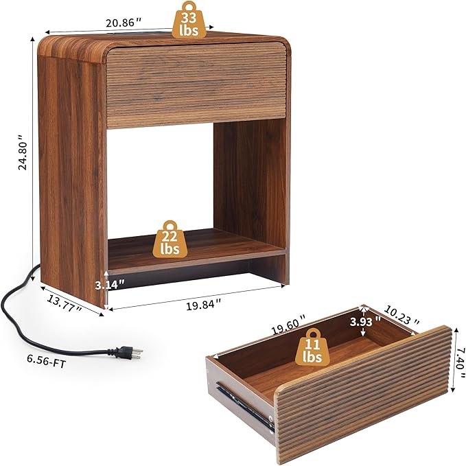 XUZENEST Fluted Nightstand Set of 2 with Charging Station, Modern Bed Side Table End Table with Drawer Storage, Large Wooden Night Stands Bedside for Bedroom Living Room Sofa Office, Walnut 2 Sets