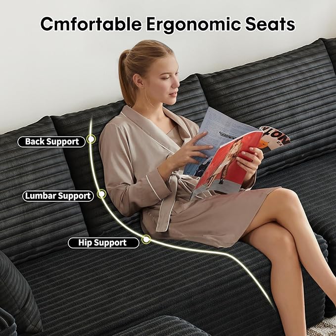 139.4" Modular Sectional Sofa, L-Shaped Minimalist Couches with Middle Seat Chaise, Modern Deep Seat Convertible Sleeper Sofa,Cloud Plush Corduroy Fabric, No Assembly Required, 5 Seater, Black