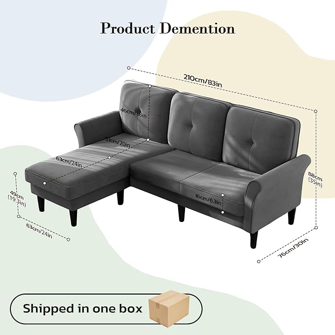 Welzona Sofas for Living Room, 83" Velvet Sectional Couch with Moveable Ottoman, Midcentury Modern Small Sectional Couch, L Shape Sofa & 3 Seater, Couches for Living Room, Apartment, Bedroom, Grey