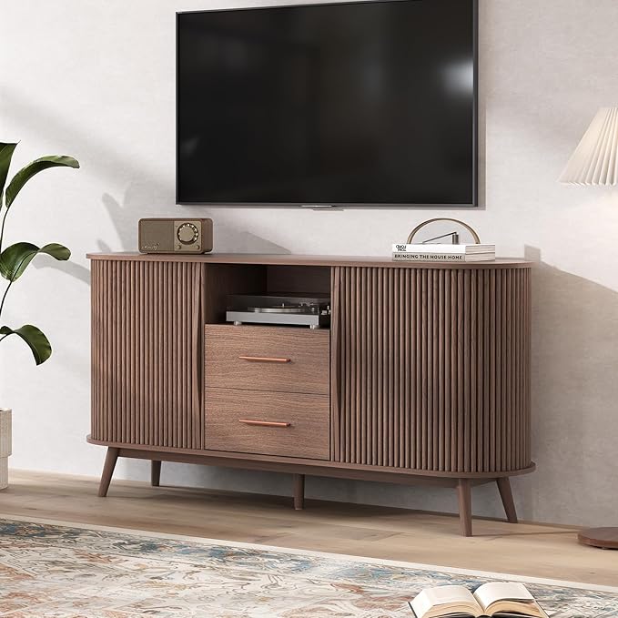 JOINICE 63" Fluted Storage Cabinet for Living Room,Mid-Century Modern Sideboard with Sliding Doors, Walnut Buffet Cabinet with Drawers & Solid Wood Legs, Large Accent Credenza for Home, Dining Room