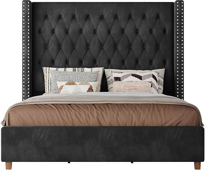 PaPaJet California King Size Bed Frame with 61.4" Tall Wingback Design Headboard, Velvet Upholstered Platform, Handmade Deep Button Tufting, Solid Wood Legs, No Box Spring Needed, Black